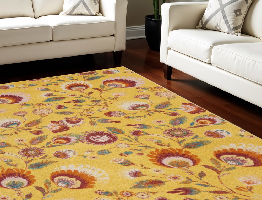 9' X 12' Yellow and Red Floral Power Loom Area Rug
