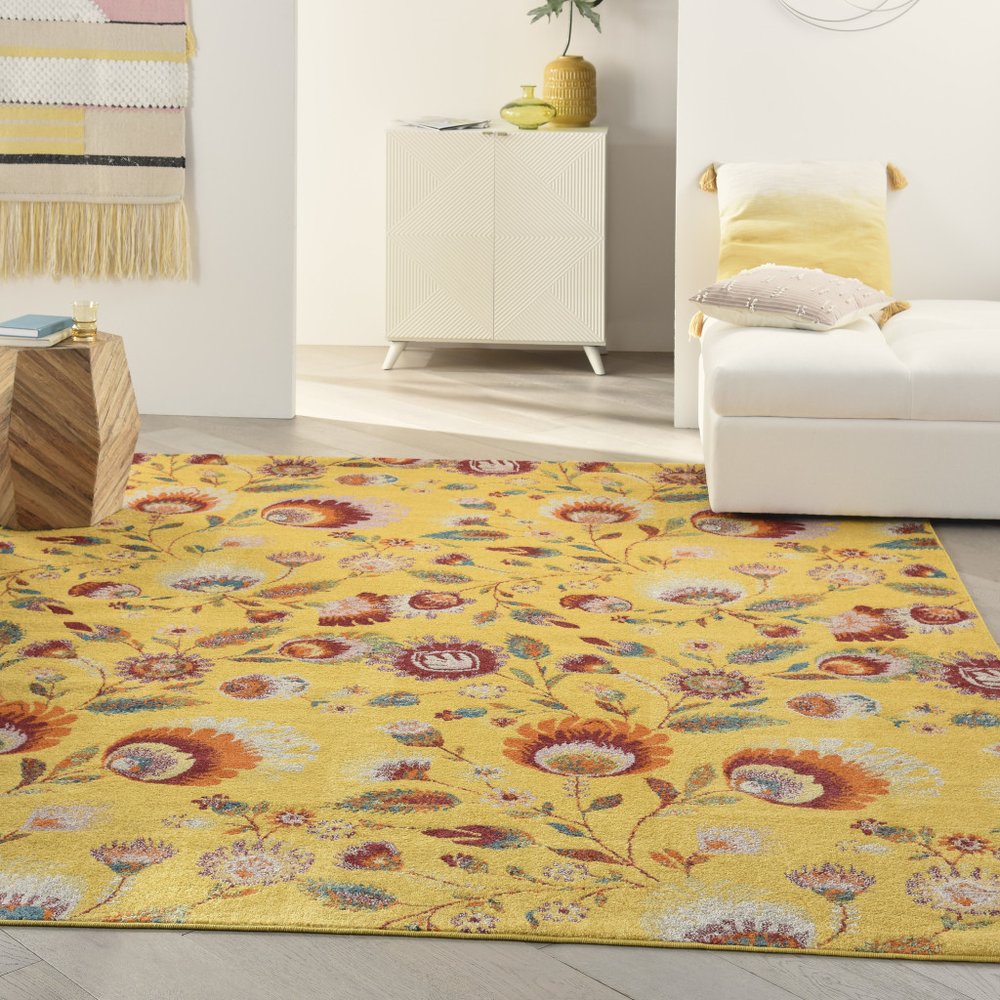 9' X 12' Yellow and Red Floral Power Loom Area Rug