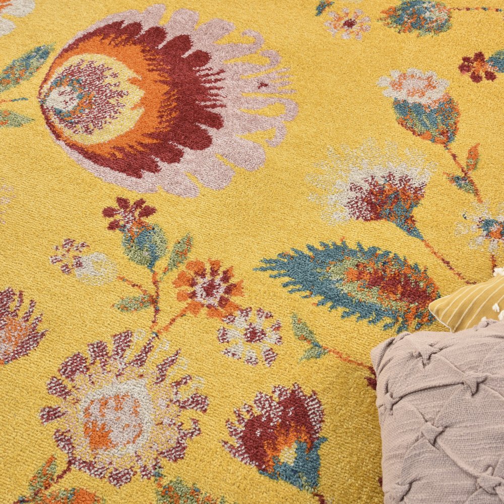 9' X 12' Yellow and Red Floral Power Loom Area Rug