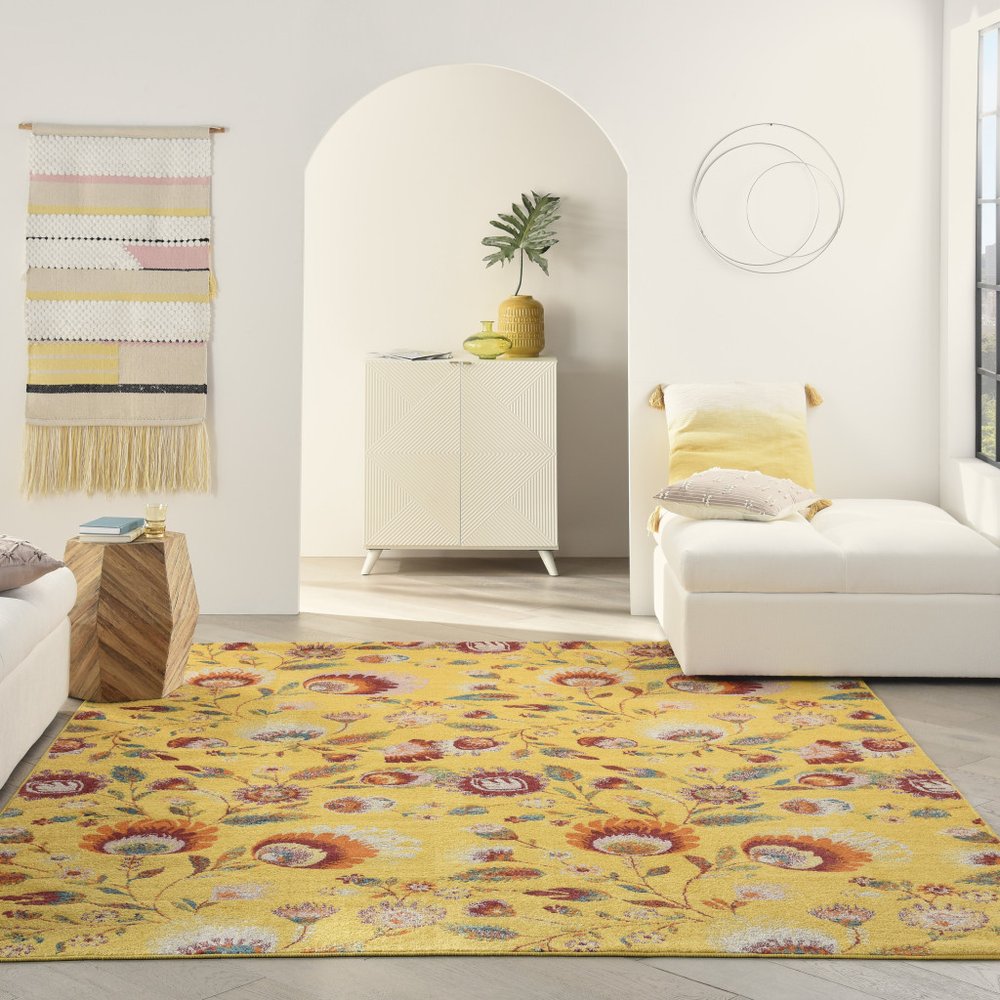 9' X 12' Yellow and Red Floral Power Loom Area Rug