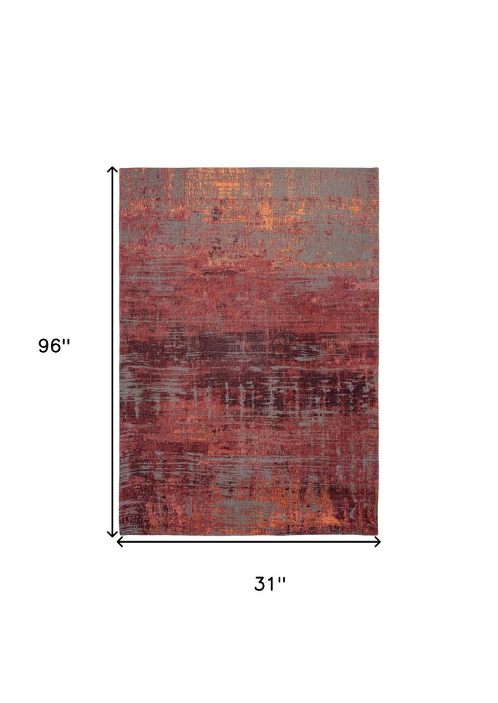 10' Gray And Red Abstract Runner Rug
