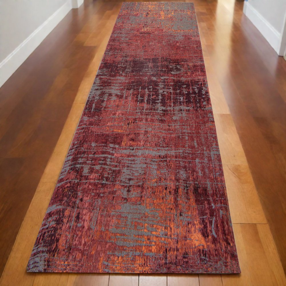 10' Gray And Red Abstract Runner Rug
