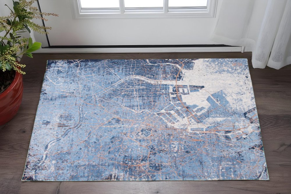 3' X 5' Blue and Black Abstract Non Skid Area Rug