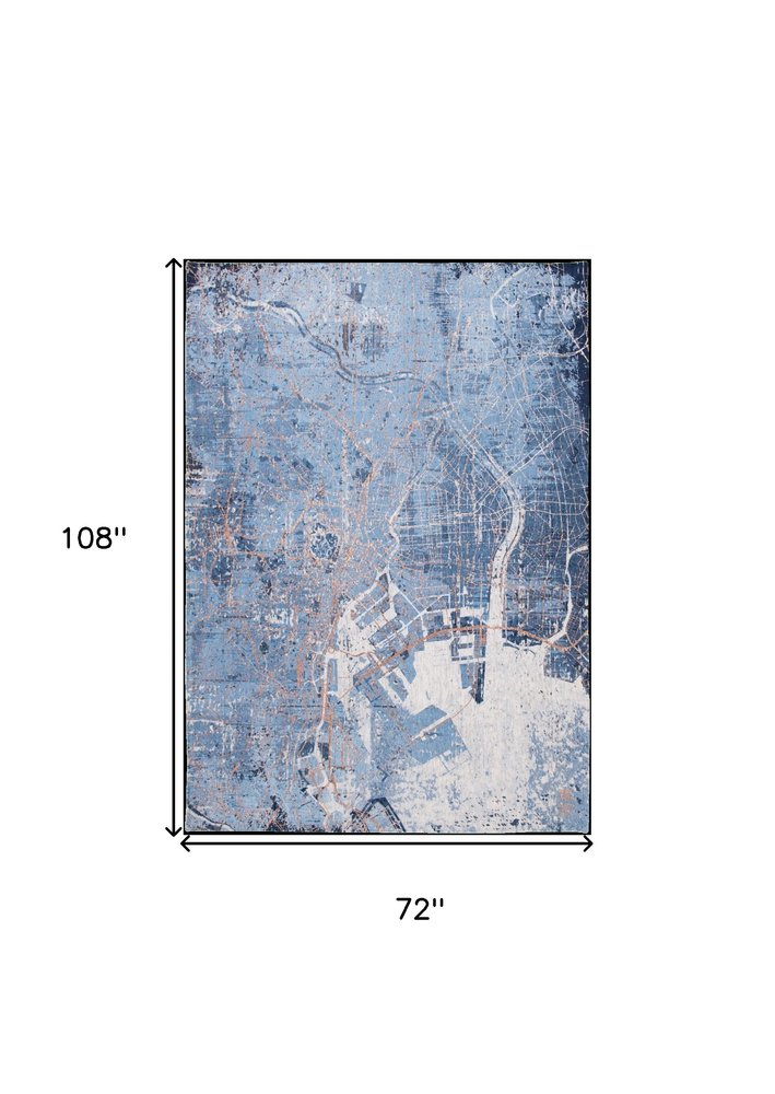 7' X 9' Blue and Black Abstract Non Skid Area Rug