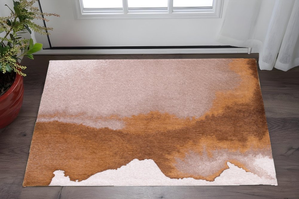 3' X 5' Yellow and Brown Abstract Non Skid Area Rug