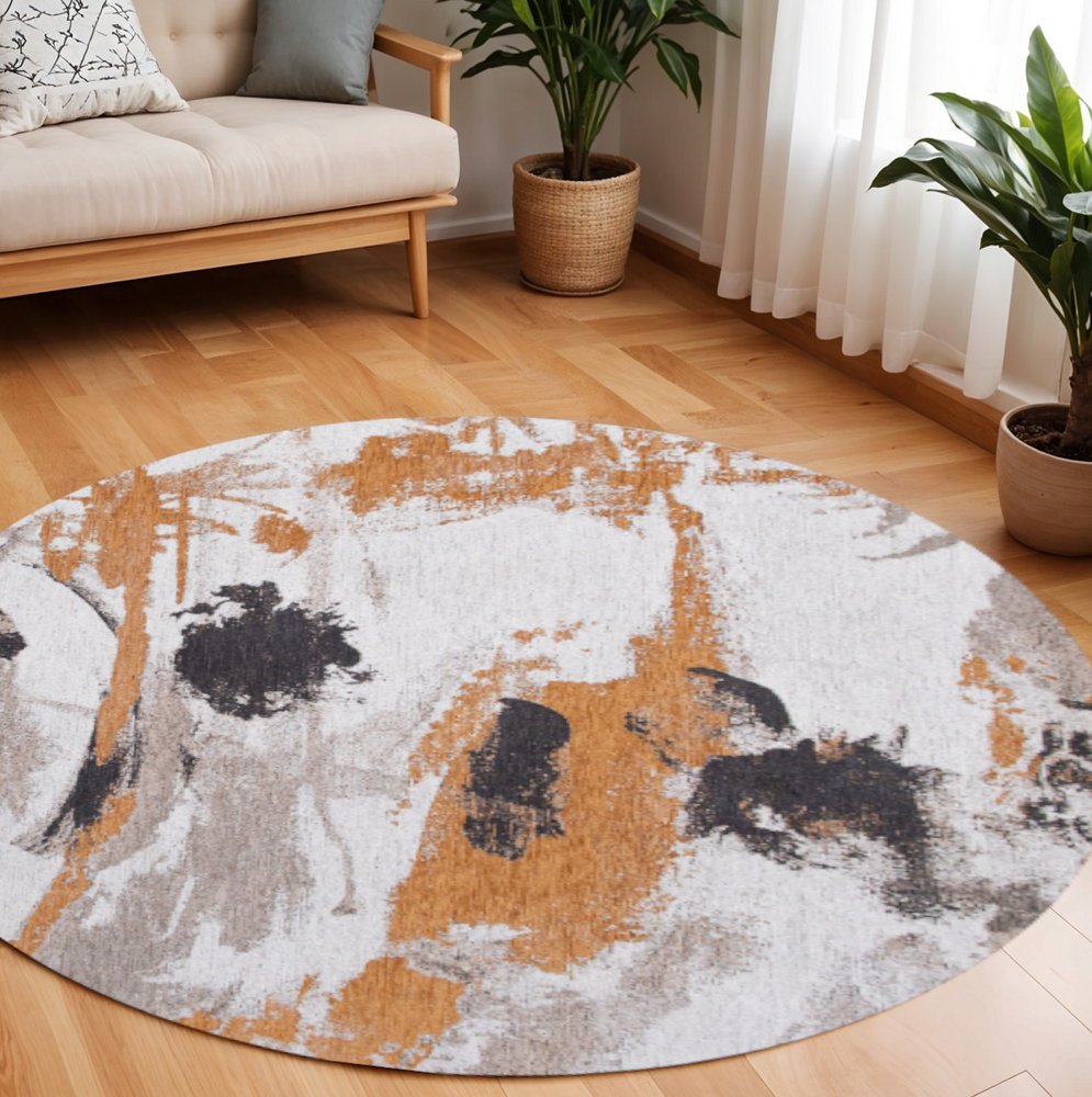 8' Gray and White Round Abstract Non Skid Area Rug