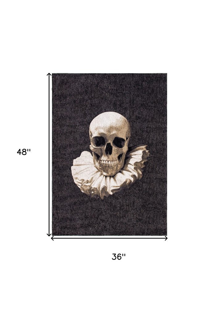 3' X 5' Black and White Funky Skull Non Skid Area Rug