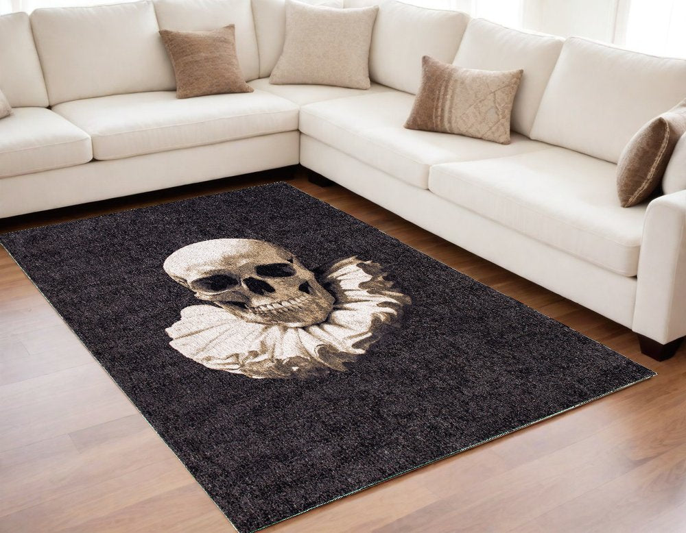 5' X 7' Black and White Funky Skull Non Skid Area Rug