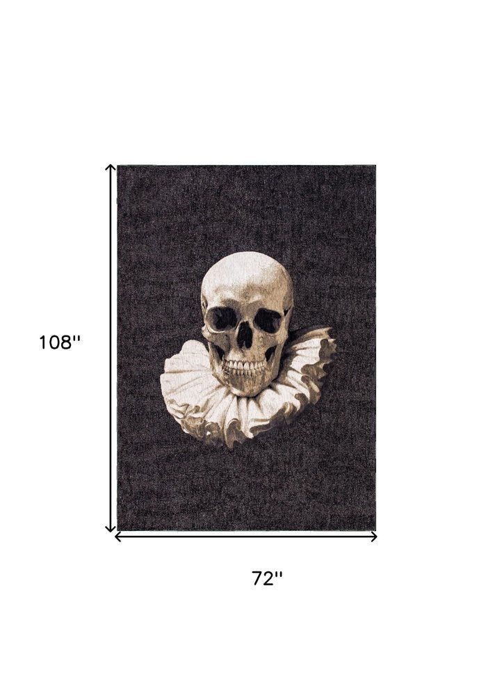 7' X 9' Black and White Funky Skull Non Skid Area Rug