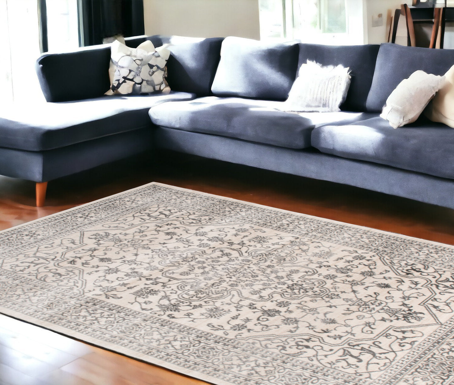 5' X 8' Ivory and Gray Oriental Area Rug
