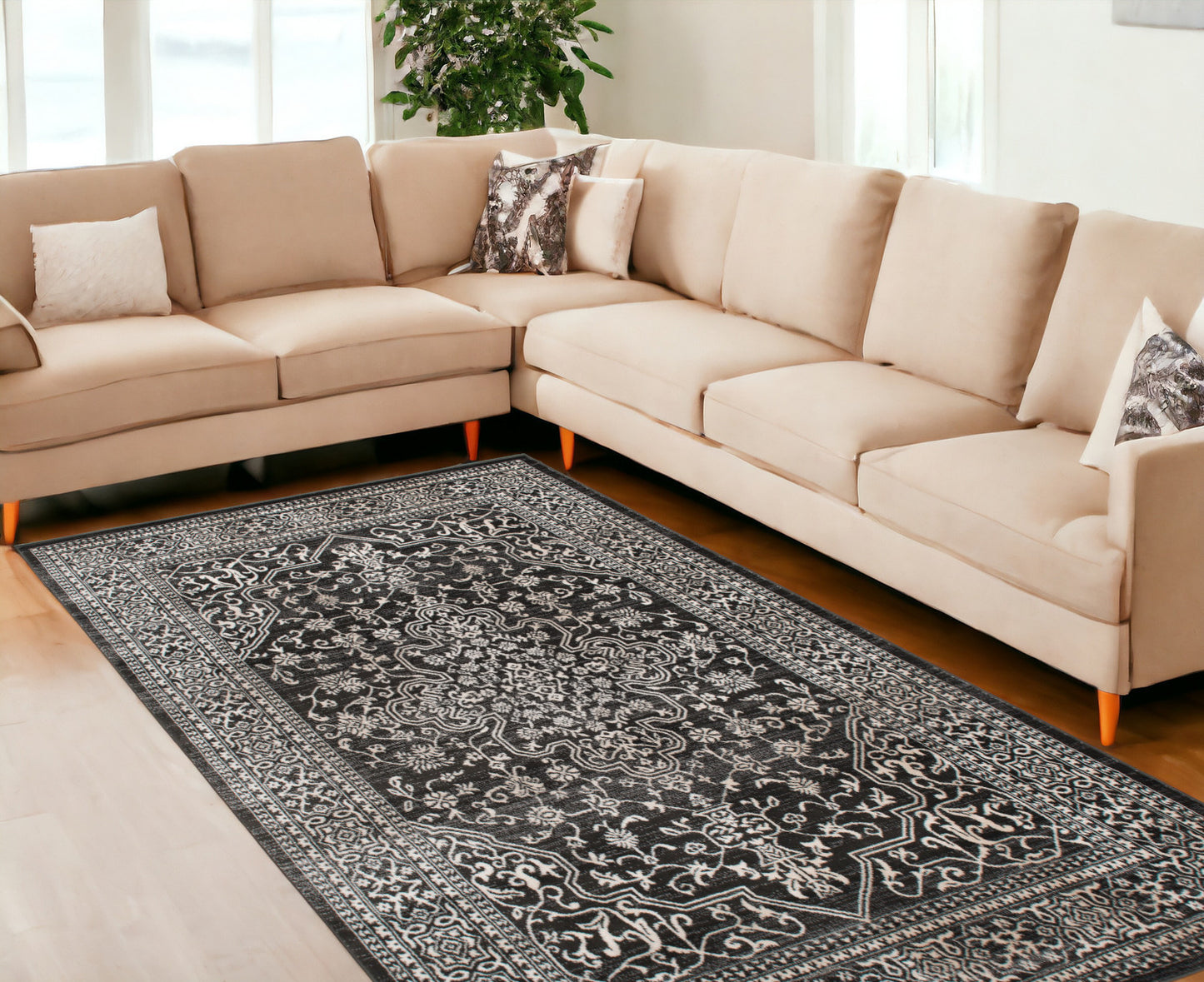 5' X 8' Ivory and Gray Oriental Area Rug