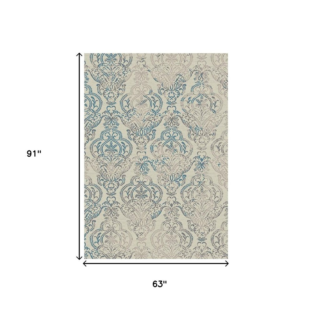 5' X 8' Gray and Beige Damask Area Rug