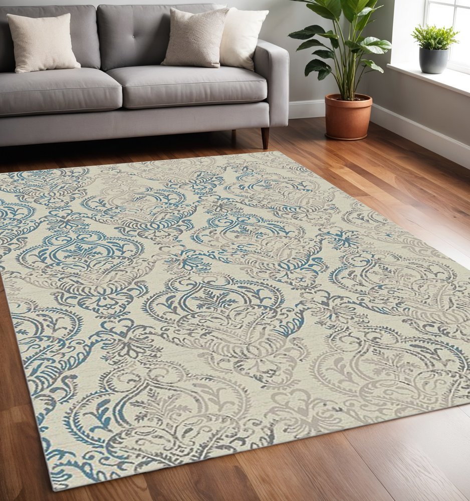 5' X 8' Gray and Beige Damask Area Rug