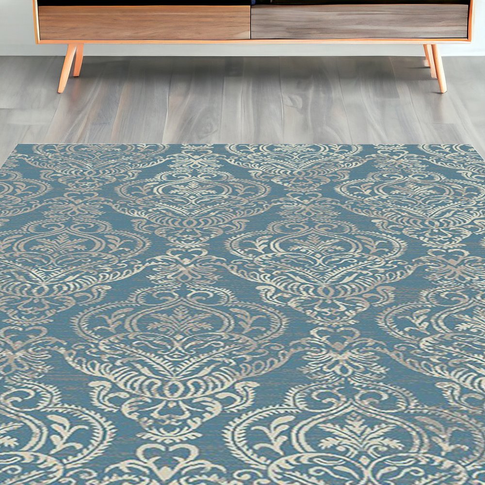 5' X 8' Gray and Beige Damask Area Rug