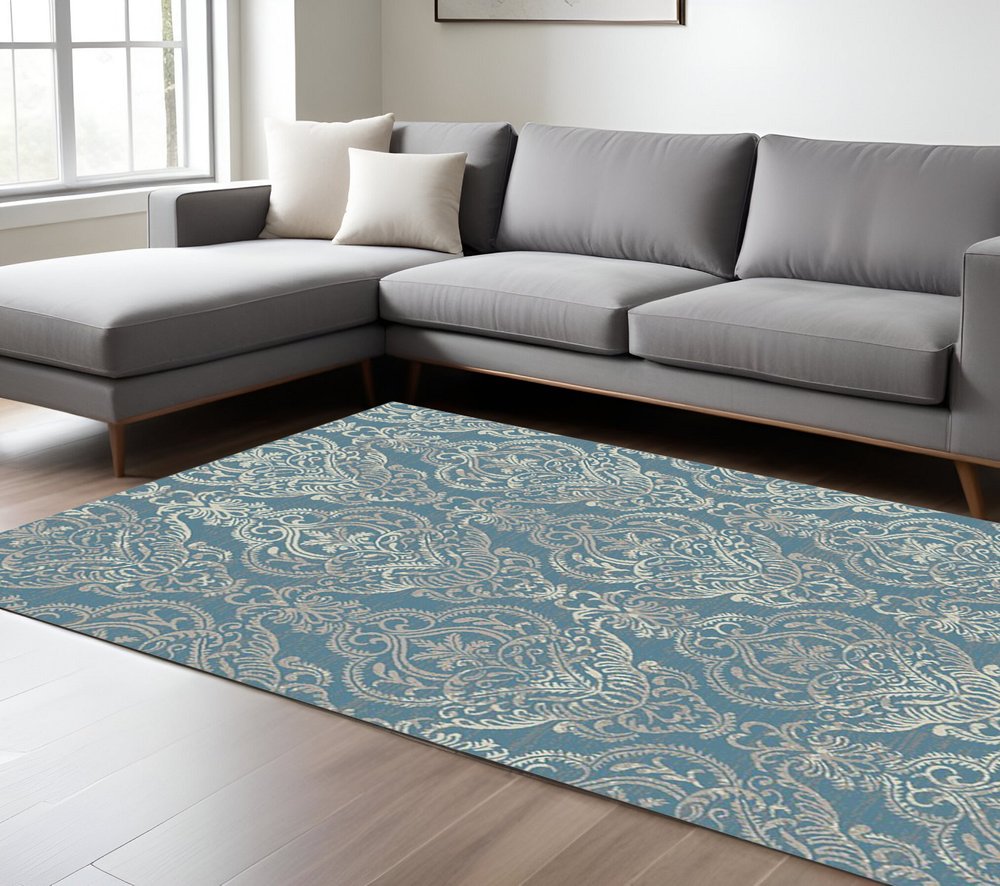 5' X 8' Gray and Beige Damask Area Rug