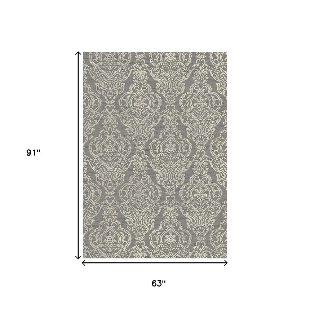 5' X 8' Gray and Beige Damask Area Rug