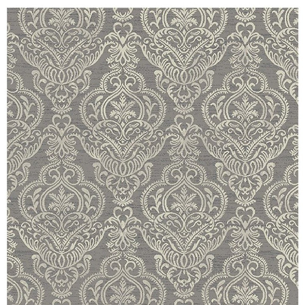5' X 8' Gray and Beige Damask Area Rug