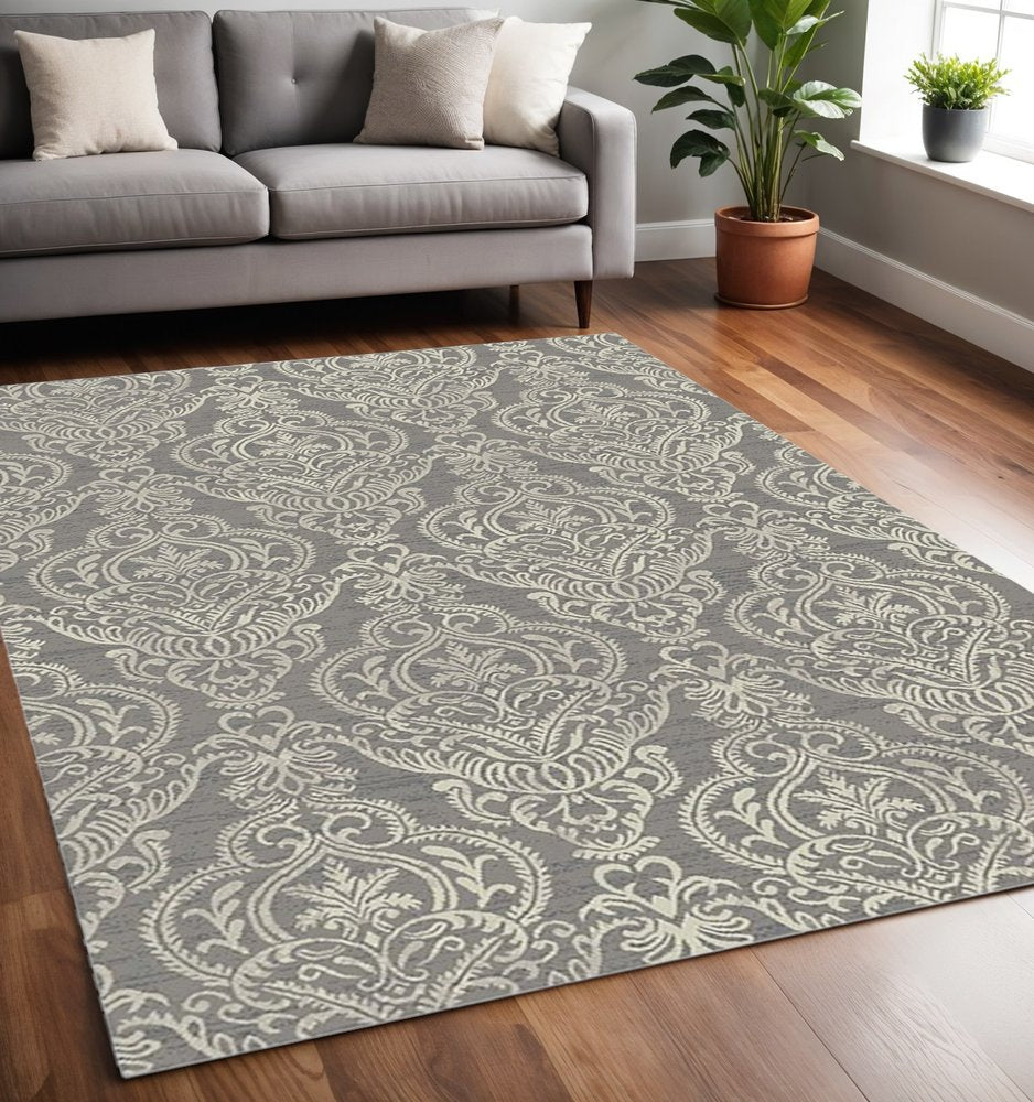 5' X 8' Gray and Beige Damask Area Rug