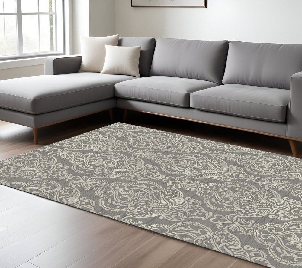 5' X 8' Gray and Beige Damask Area Rug