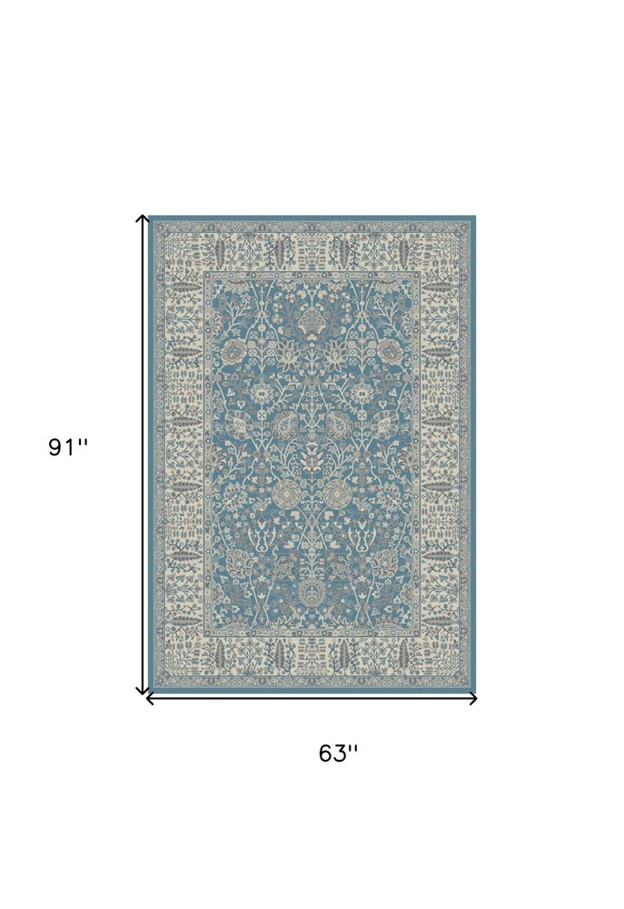 5' X 8' Blue and Ivory Oriental Area Rug