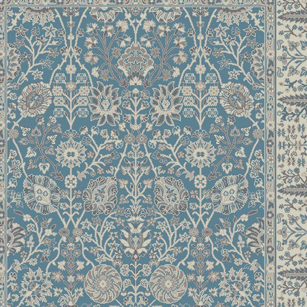 5' X 8' Blue and Ivory Oriental Area Rug