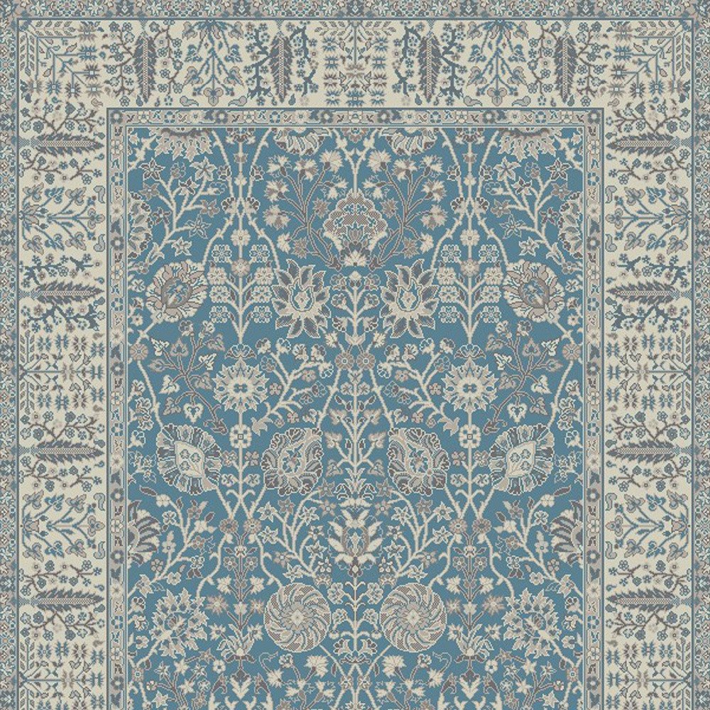 5' X 8' Blue and Ivory Oriental Area Rug