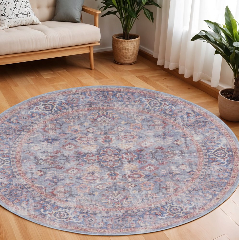 8' Blue and Red Round Floral Power Loom Distressed Area Rug