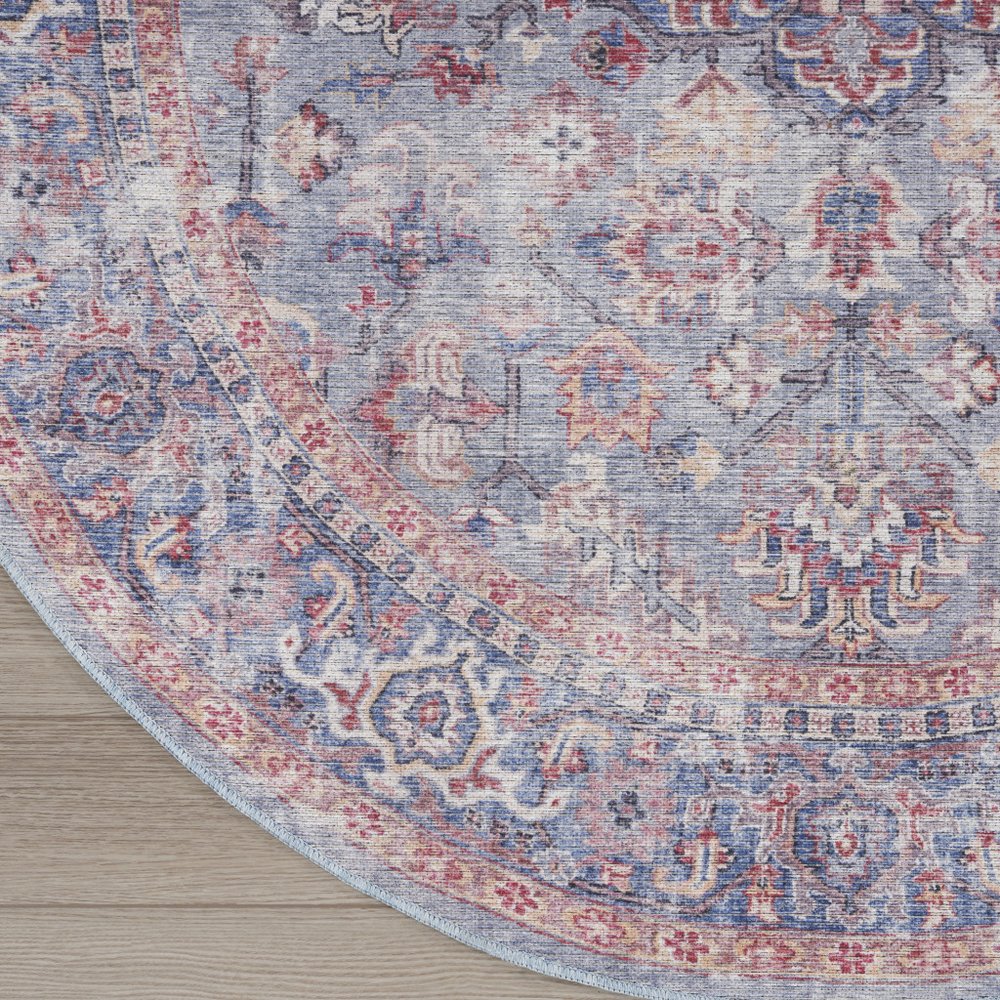 8' Blue and Red Round Floral Power Loom Distressed Area Rug