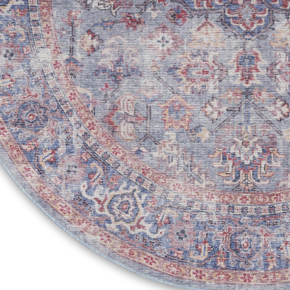 8' Blue and Red Round Floral Power Loom Distressed Area Rug