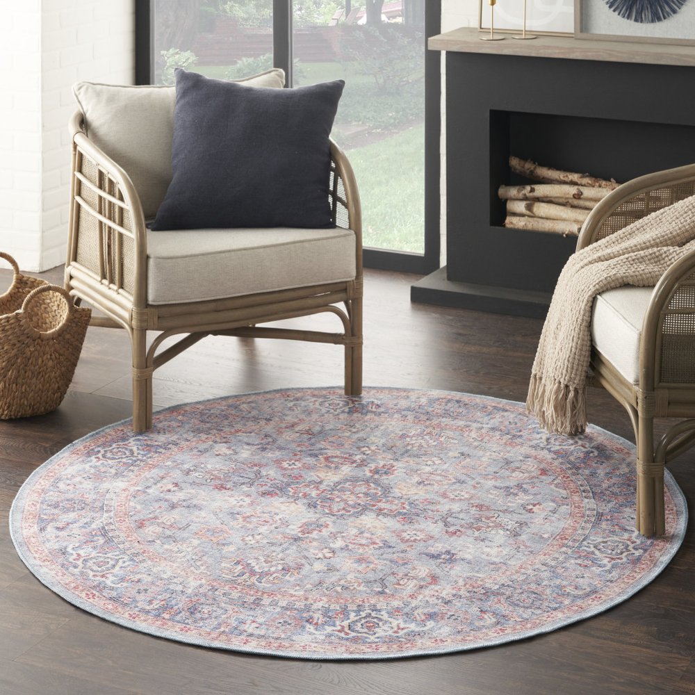 8' Blue and Red Round Floral Power Loom Distressed Area Rug