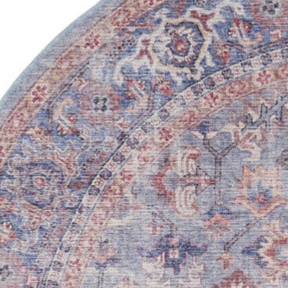 8' Blue and Red Round Floral Power Loom Distressed Area Rug
