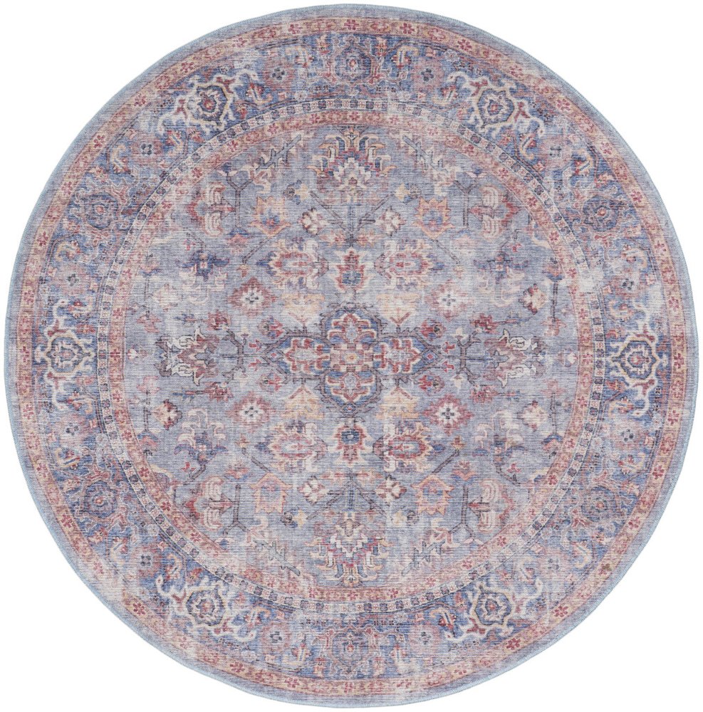 8' Blue and Red Round Floral Power Loom Distressed Area Rug