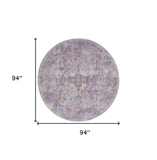 8' Blue and Red Round Floral Power Loom Distressed Area Rug