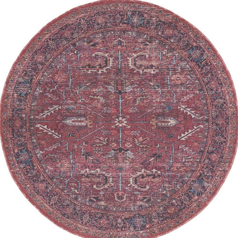 8' Beige and Red Round Floral Power Loom Distressed Area Rug