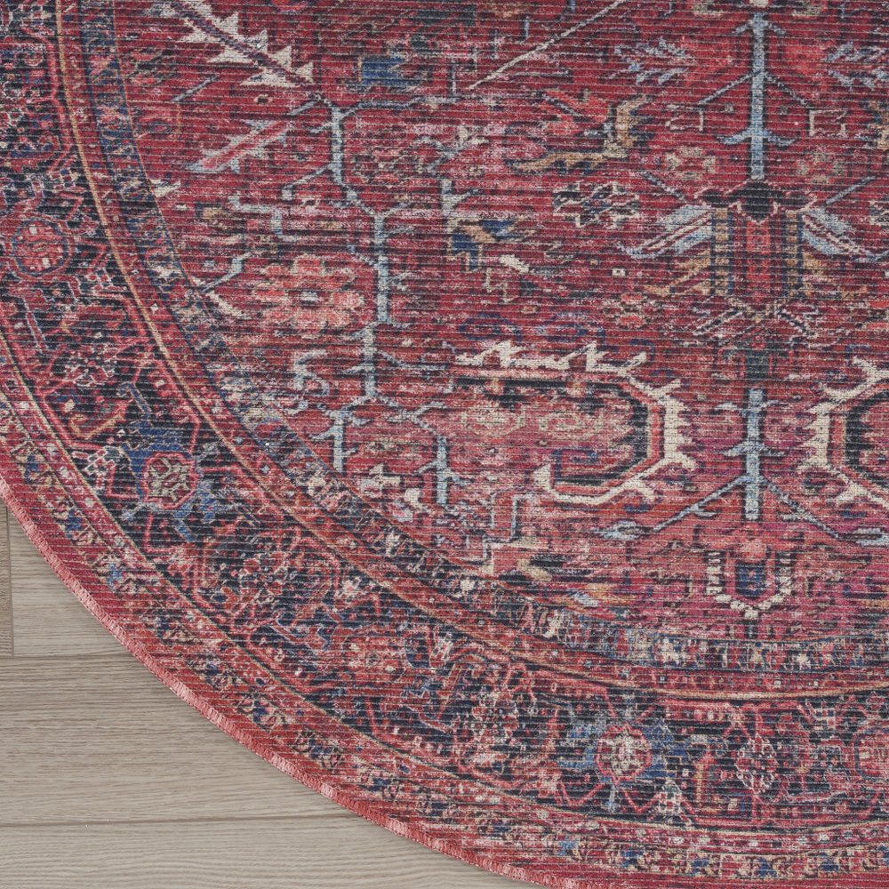 8' Beige and Red Round Floral Power Loom Distressed Area Rug