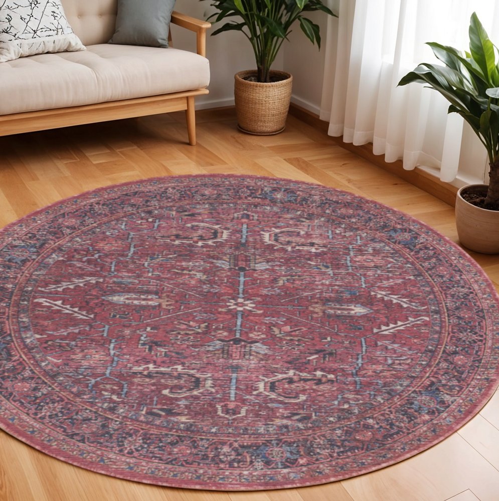 8' Beige and Red Round Floral Power Loom Distressed Area Rug