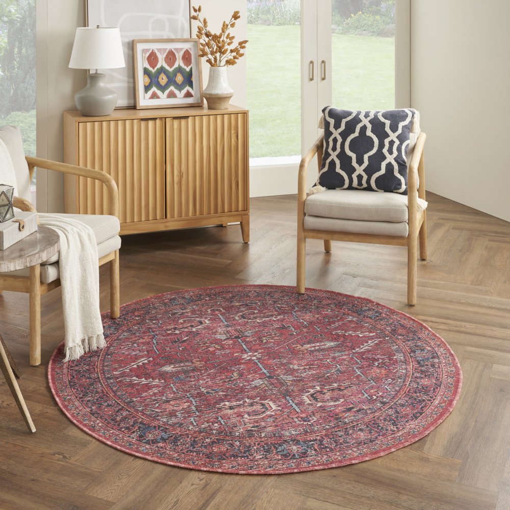 8' Beige and Red Round Floral Power Loom Distressed Area Rug