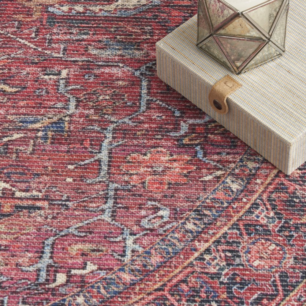 8' Beige and Red Round Floral Power Loom Distressed Area Rug