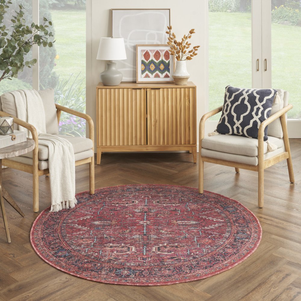 8' Beige and Red Round Floral Power Loom Distressed Area Rug