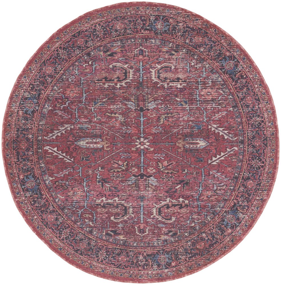 8' Beige and Red Round Floral Power Loom Distressed Area Rug