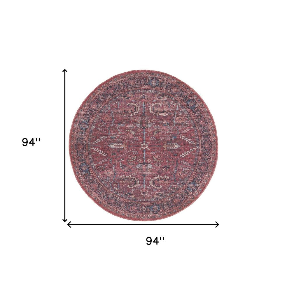 8' Beige and Red Round Floral Power Loom Distressed Area Rug