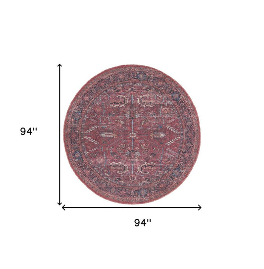 8' Beige and Red Round Floral Power Loom Distressed Area Rug
