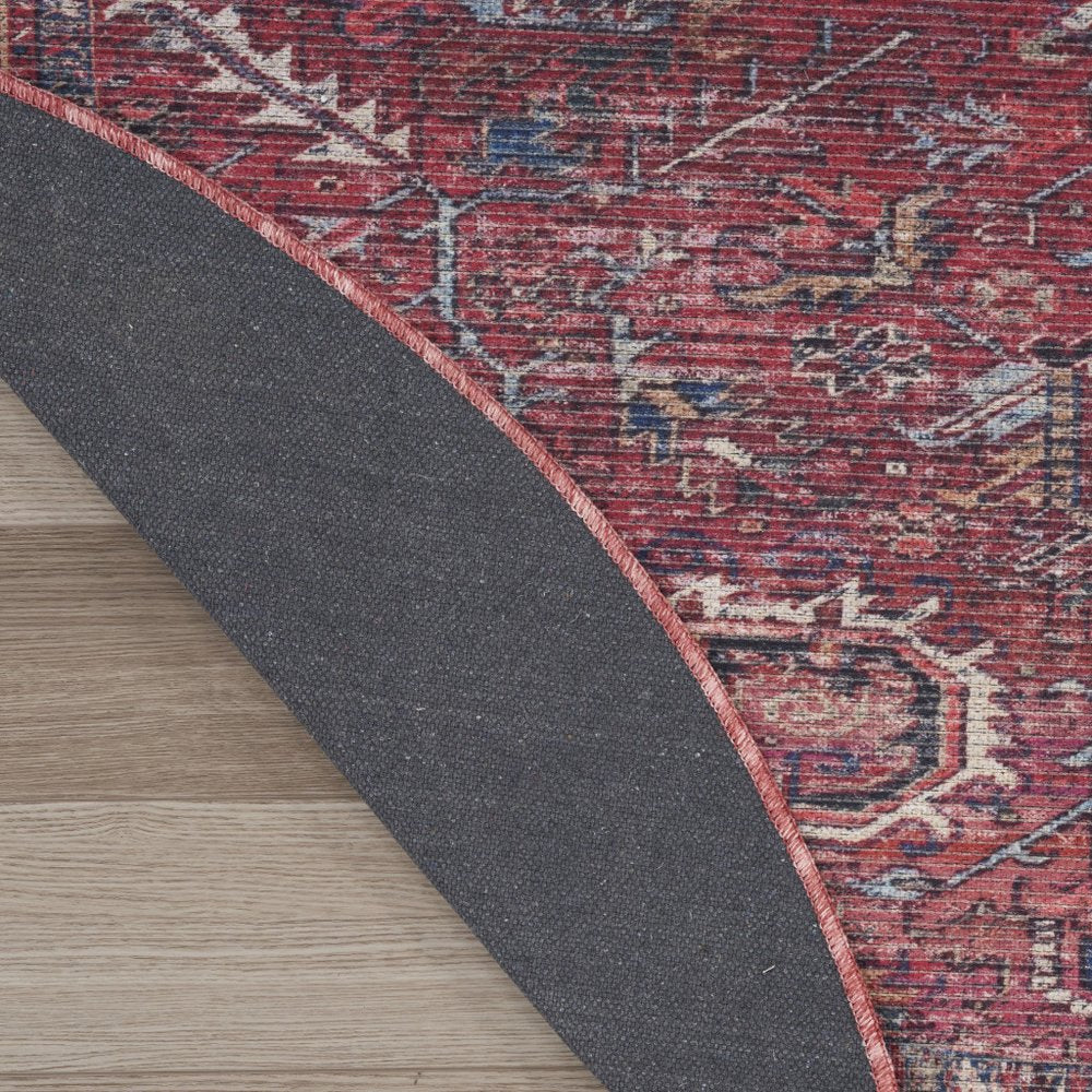 8' Beige and Red Round Floral Power Loom Distressed Area Rug