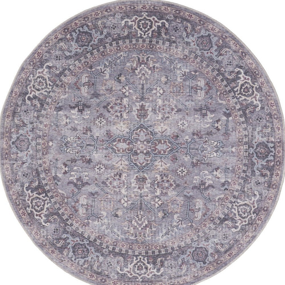 5' Gray and Beige Round Floral Power Loom Distressed Area Rug