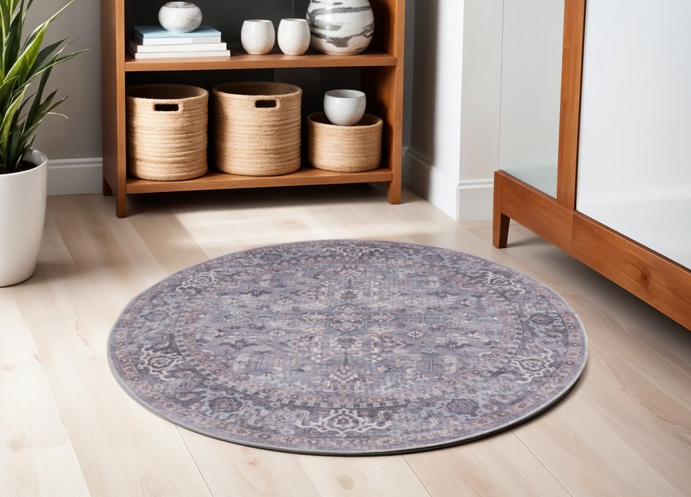 5' Gray and Beige Round Floral Power Loom Distressed Area Rug