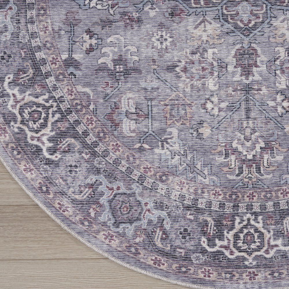 5' Gray and Beige Round Floral Power Loom Distressed Area Rug