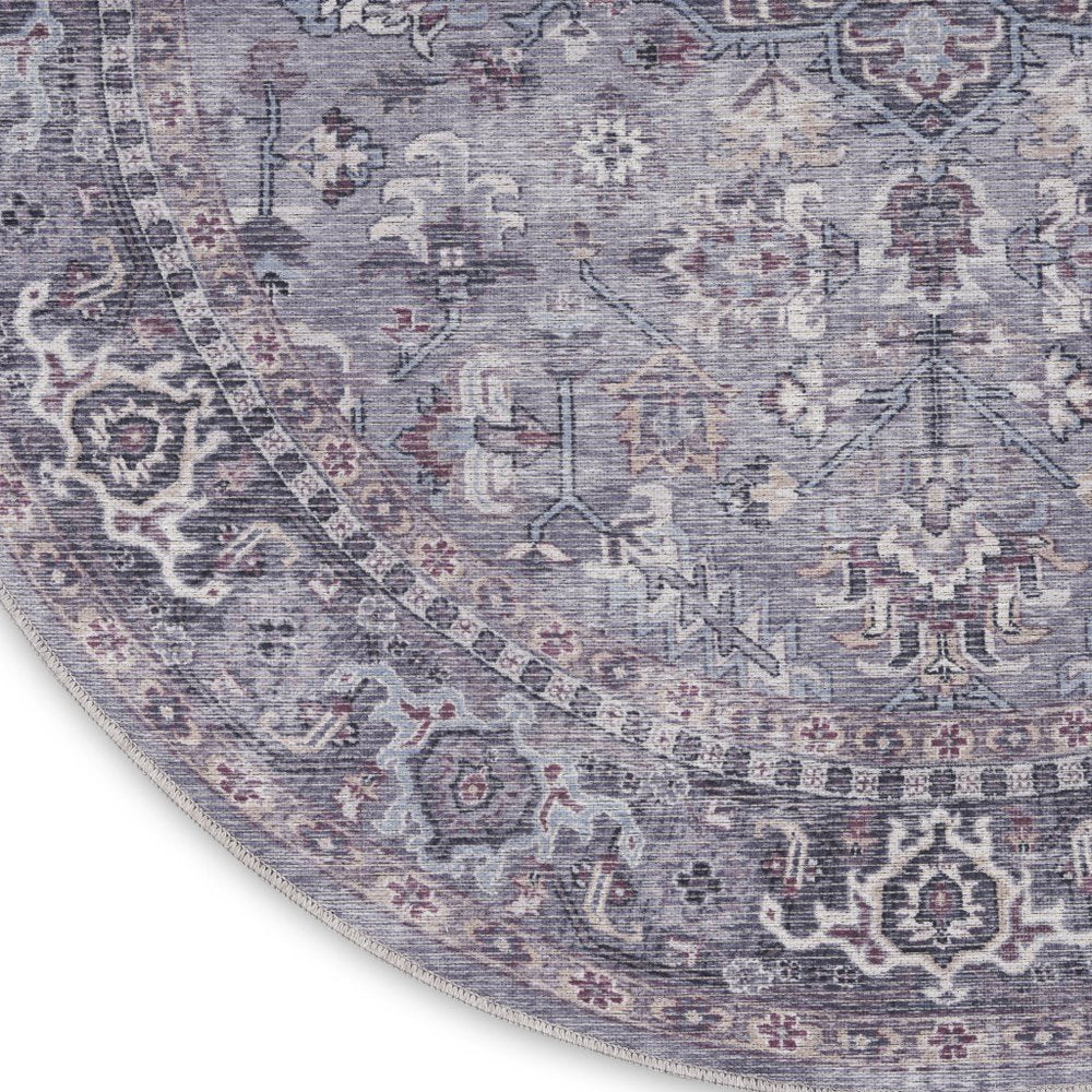 5' Gray and Beige Round Floral Power Loom Distressed Area Rug