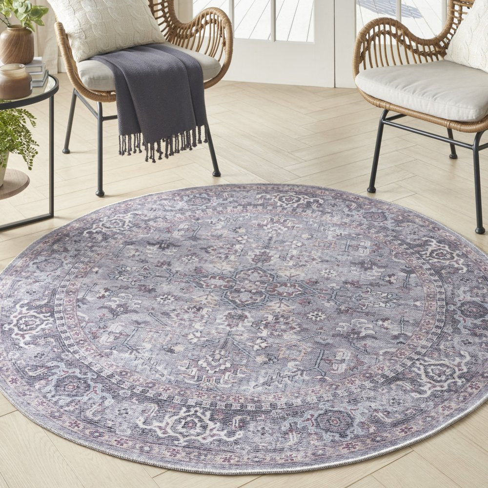 5' Gray and Beige Round Floral Power Loom Distressed Area Rug