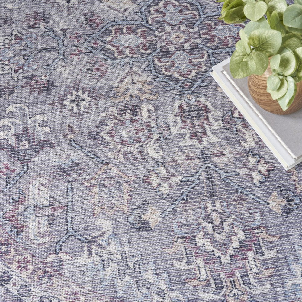 5' Gray and Beige Round Floral Power Loom Distressed Area Rug