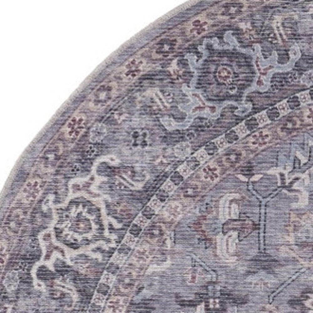 5' Gray and Beige Round Floral Power Loom Distressed Area Rug